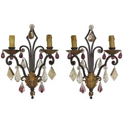 Pair of French Wrought Iron Sconces with Colored Crystals