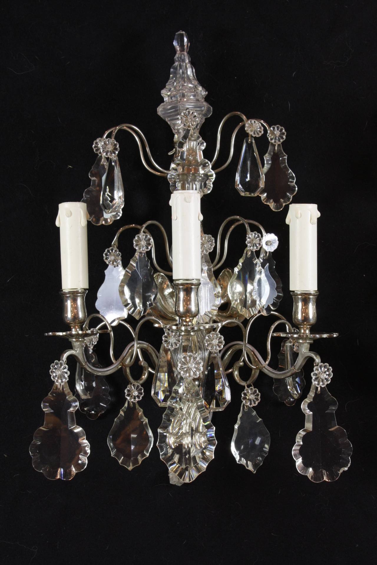 Pair of French Silvered-Bronze and Crystal Sconces In Excellent Condition In Pembroke, MA