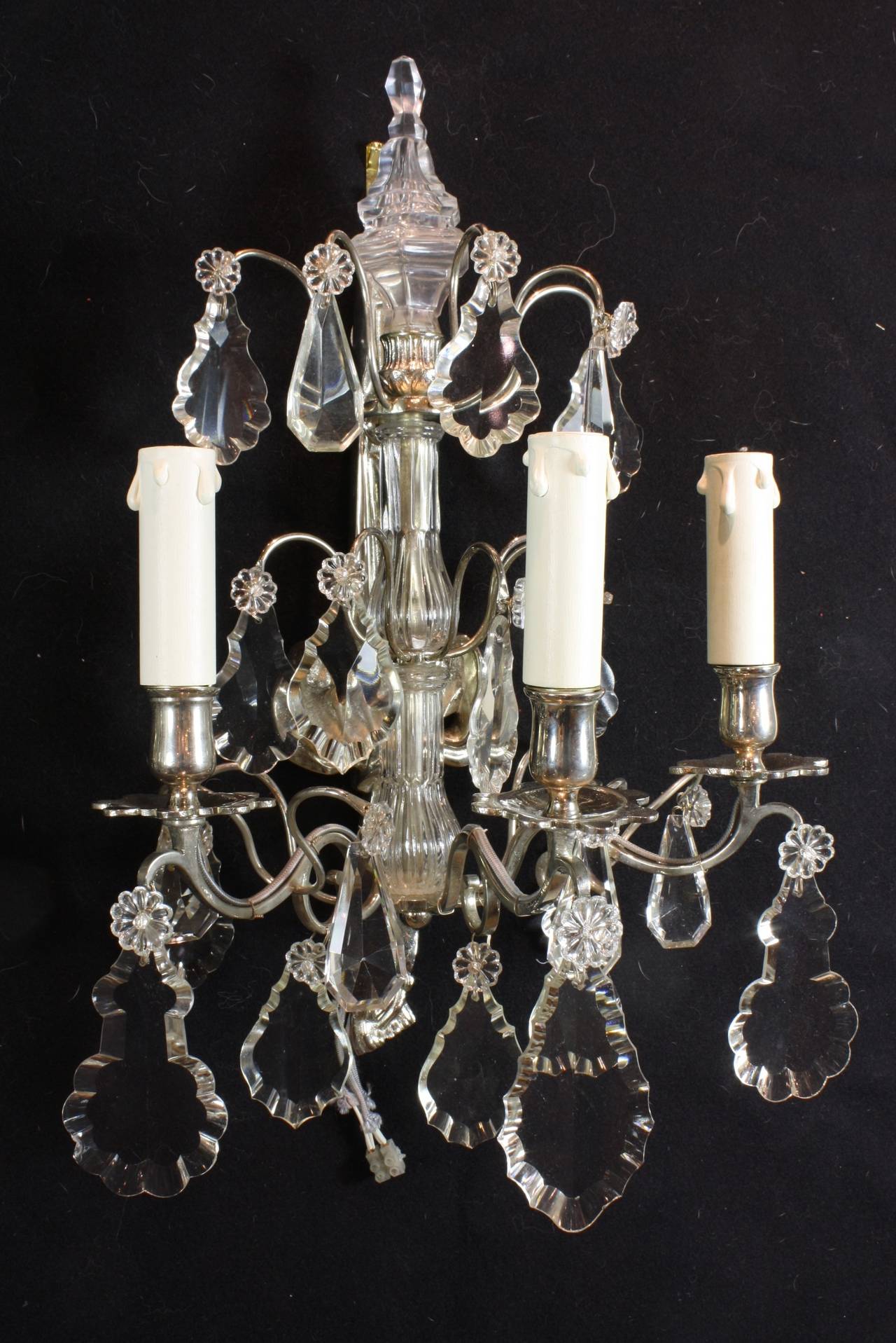 Late 19th Century Pair of French Silvered-Bronze and Crystal Sconces