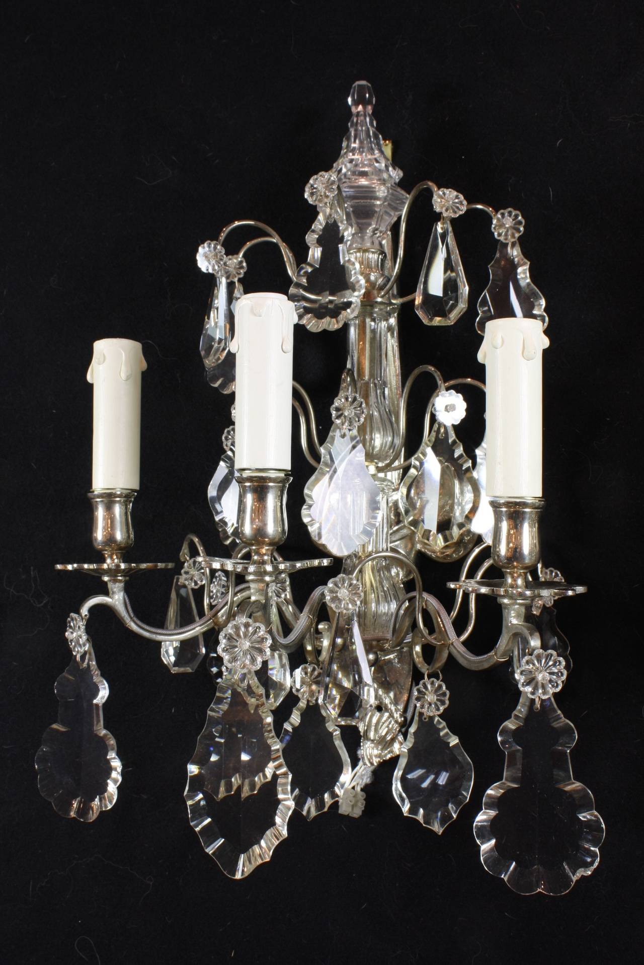 Pair of French Silvered-Bronze and Crystal Sconces 1