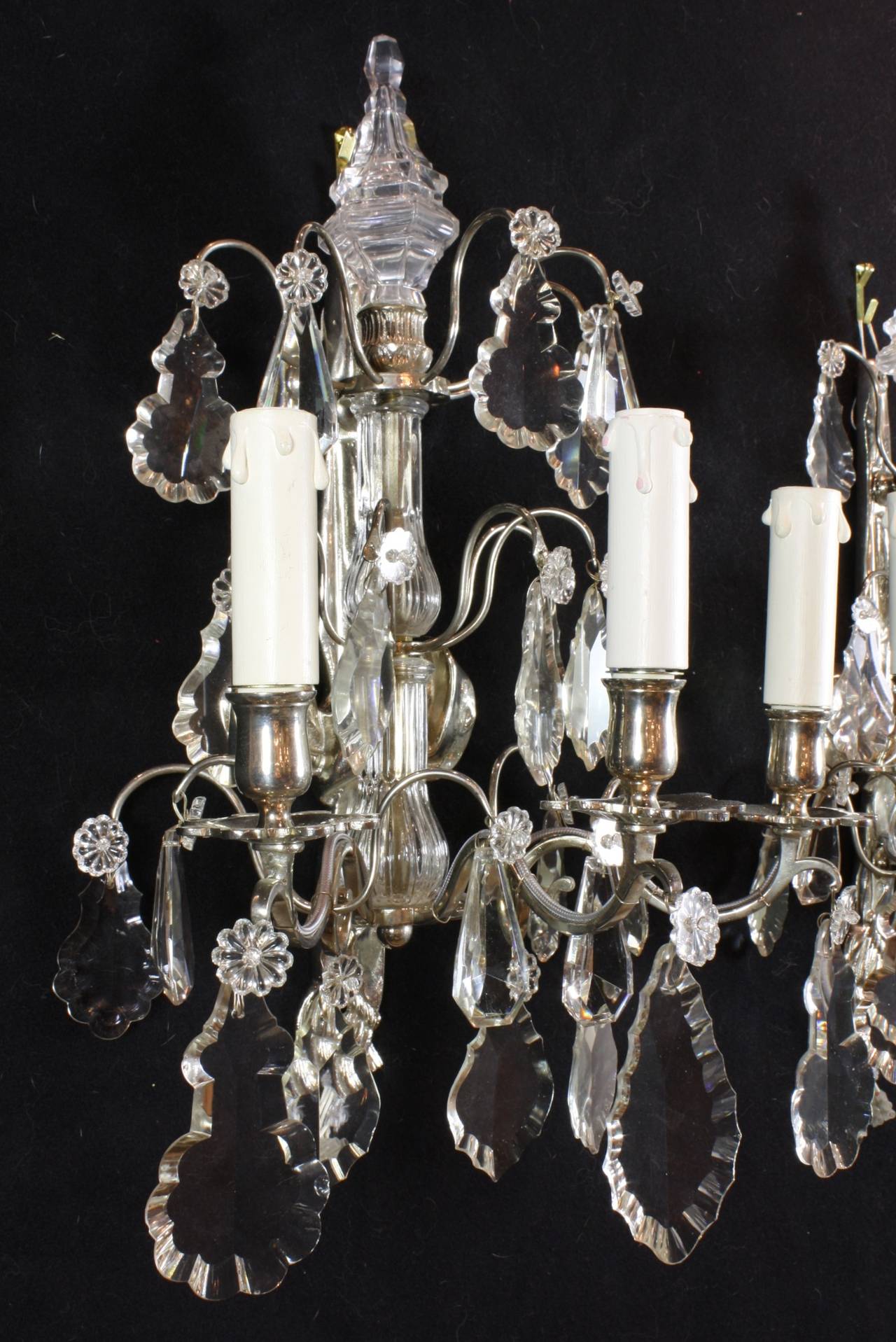 Pair of French Silvered-Bronze and Crystal Sconces 2