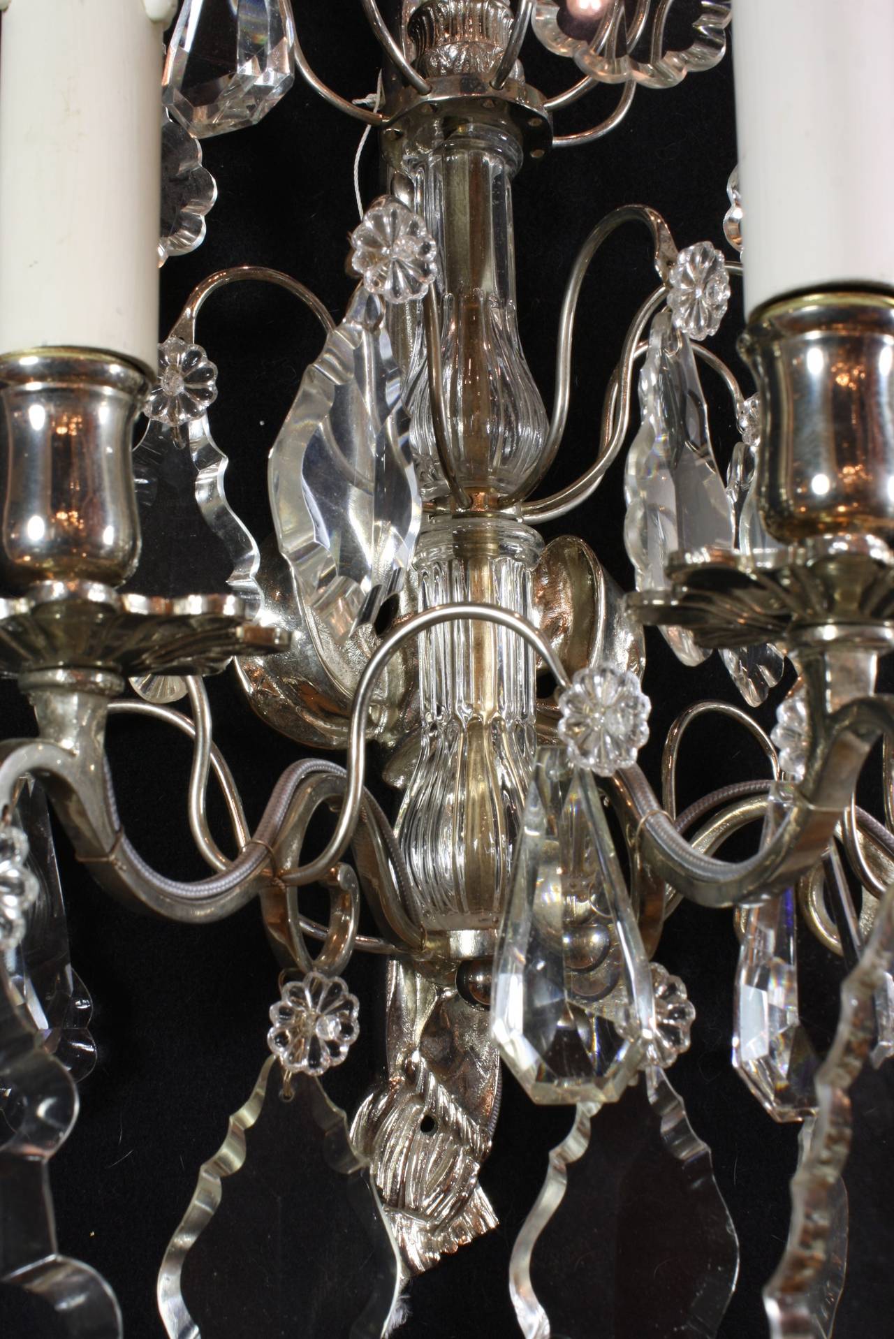 Pair of French Silvered-Bronze and Crystal Sconces 5
