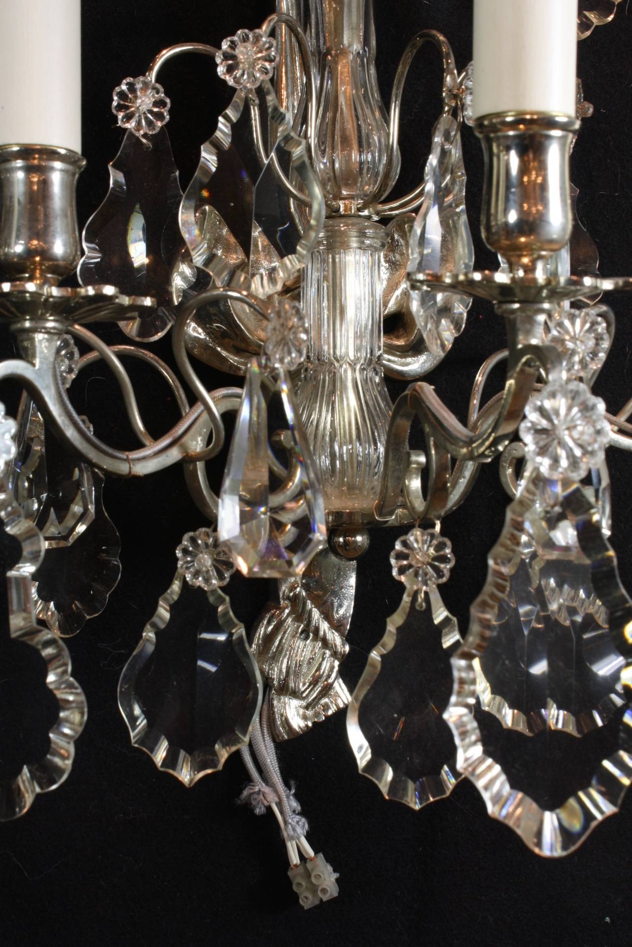 Pair of French Silvered-Bronze and Crystal Sconces 6