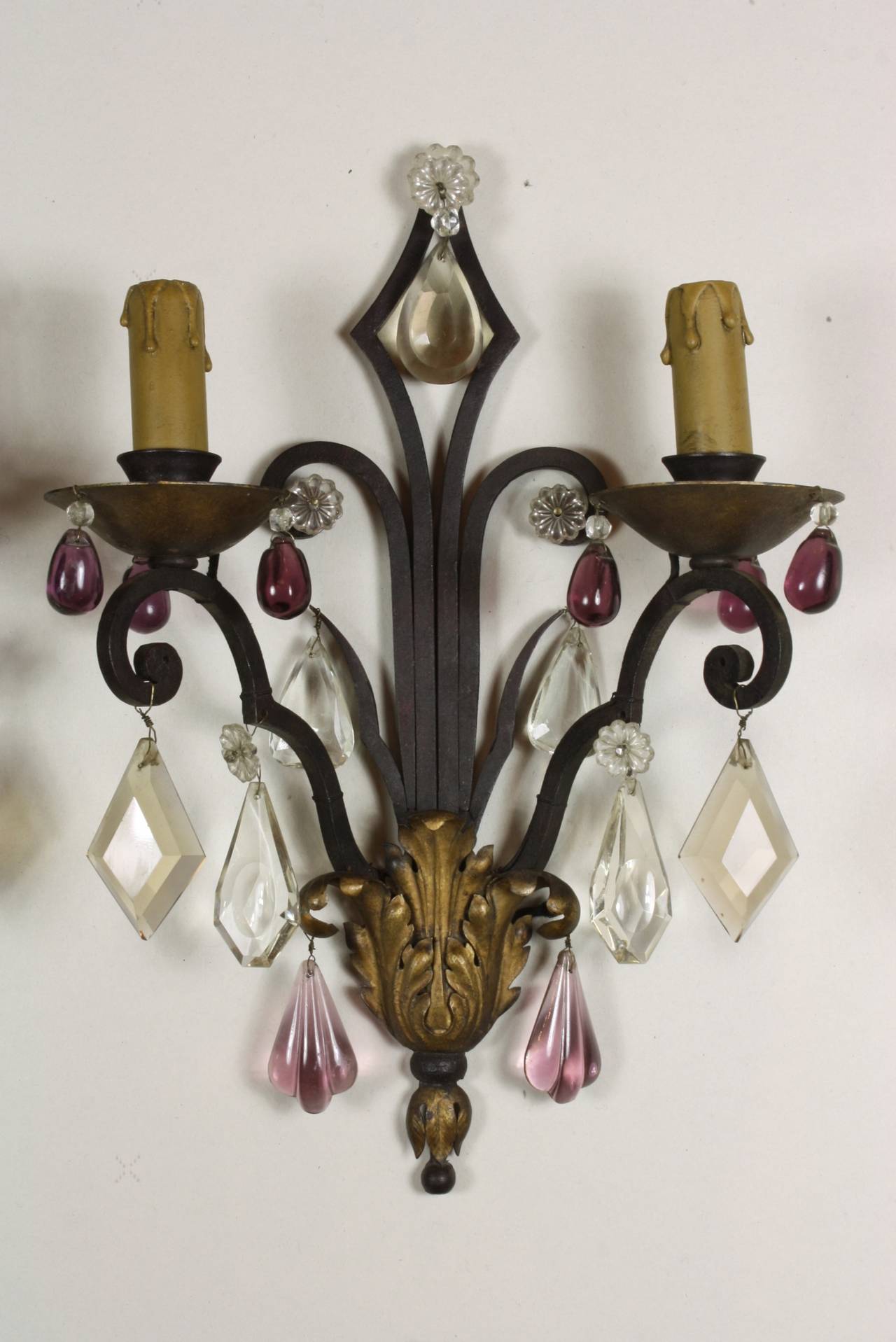 Baroque Pair of French Wrought Iron Sconces with Colored Crystals