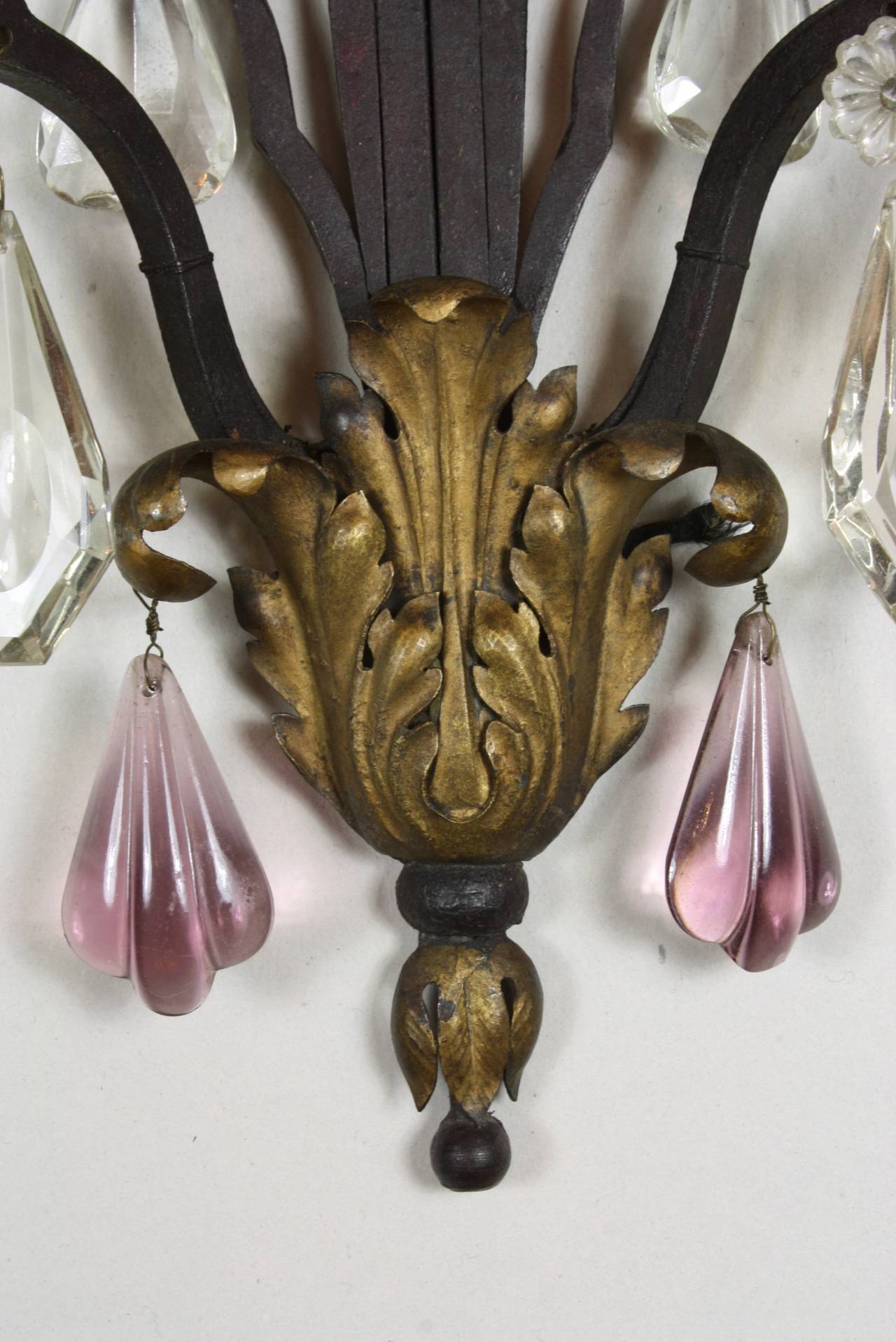 20th Century Pair of French Wrought Iron Sconces with Colored Crystals