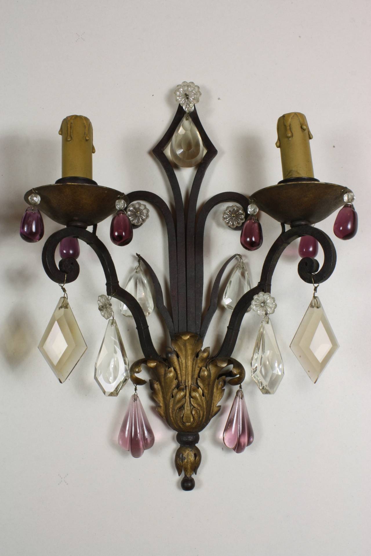 Pair of French Wrought Iron Sconces with Colored Crystals In Good Condition In Pembroke, MA