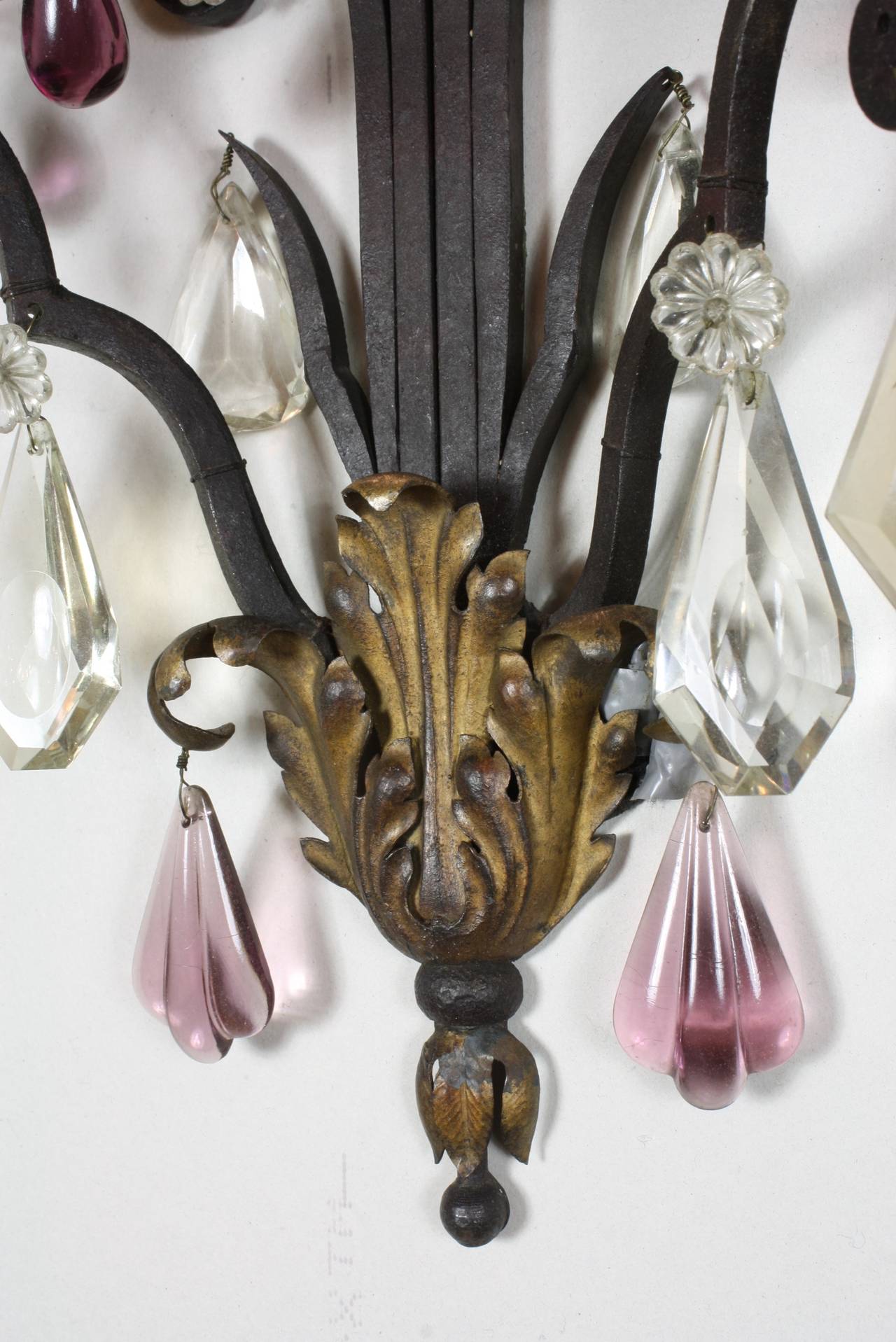 Pair of French Wrought Iron Sconces with Colored Crystals 4