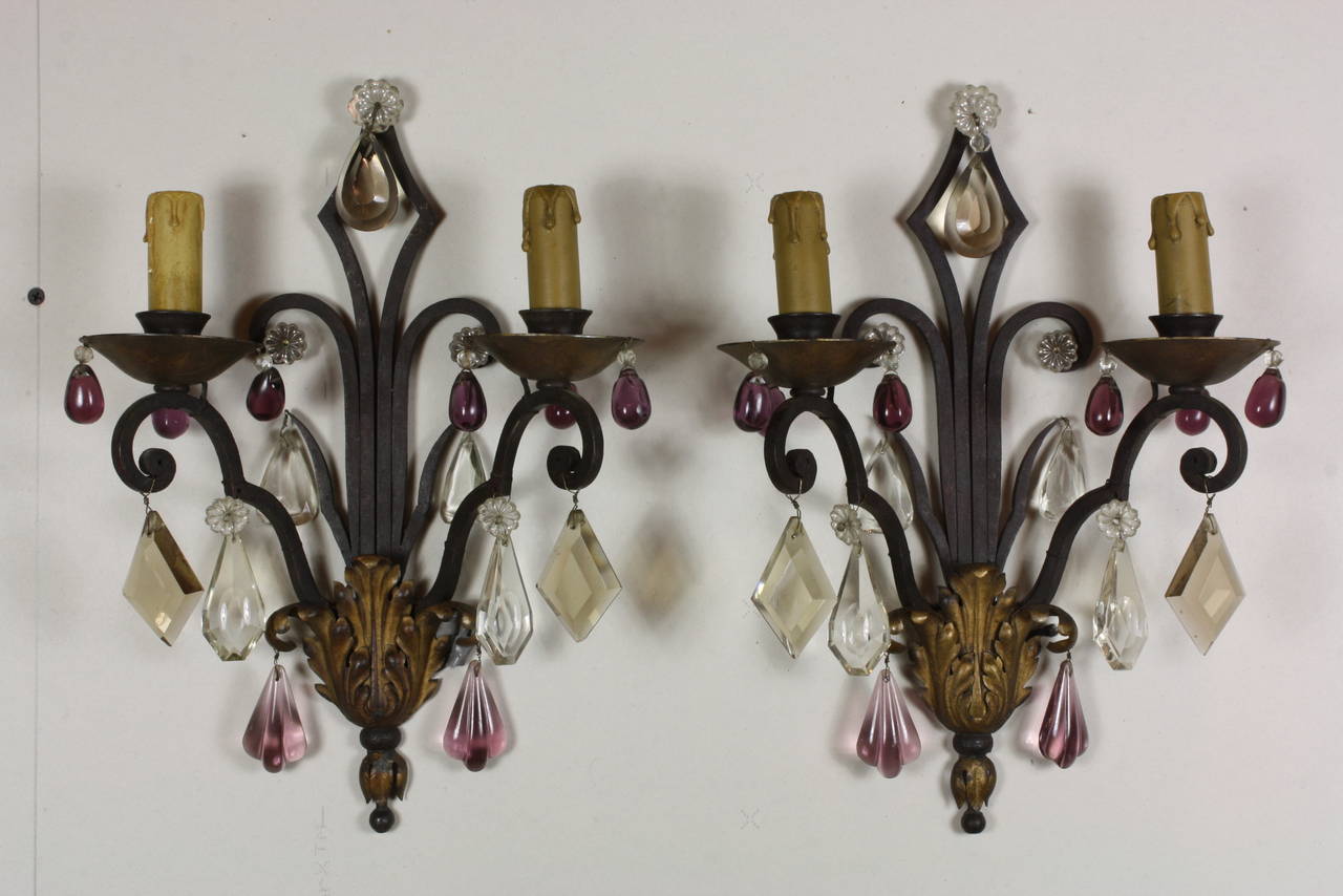 Forged Pair of French Wrought Iron Sconces with Colored Crystals