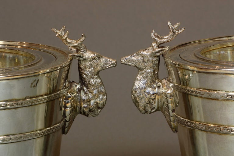 20th Century Pair of Sheffield Silver-Plate Wine Buckets with Stags' Heads