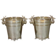 Vintage Pair of Sheffield Silver-Plate Wine Buckets with Stags' Heads