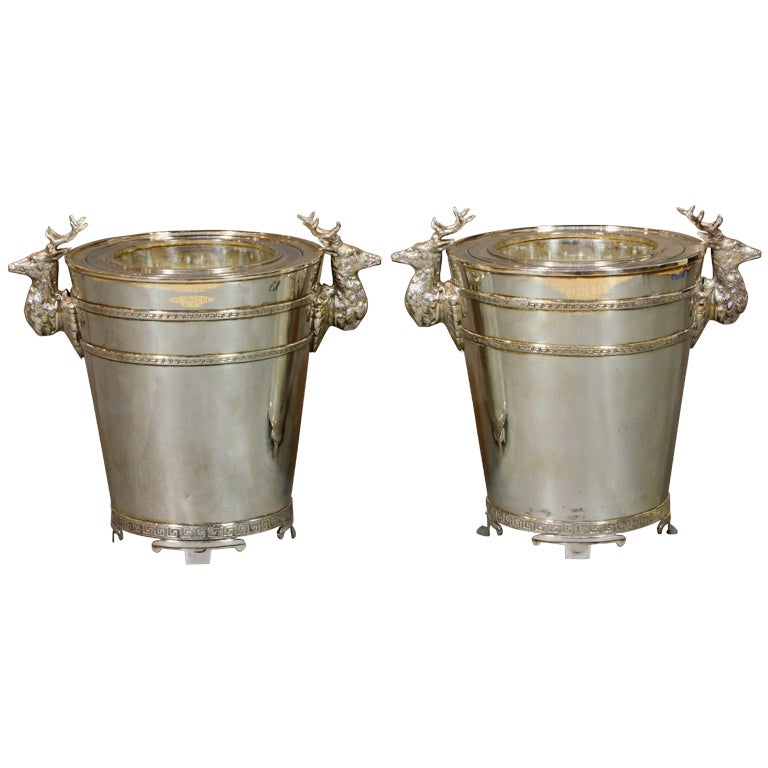 Pair of Sheffield SilverPlate Wine Buckets with Stags' Heads at 1stdibs