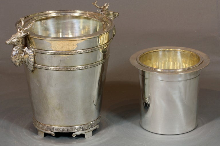 English Pair of Sheffield Silver-Plate Wine Buckets with Stags' Heads