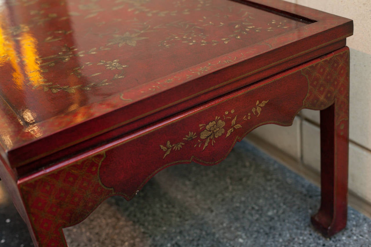 Hand-Crafted Hand Decorated Coffee Table in Dark Red with a Gilt Floral Chinoiserie Design