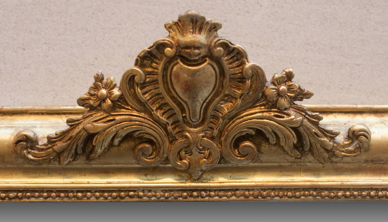 Period French Louis Philippe gilt mirror.  Mirrors from this early nineteenth century  period are known for their rounded shoulders and exquisite matte and burnished gilt surfaces.  The top central cartouche features shell forms flanked by flowers