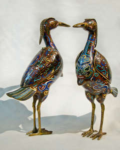 Antique Pair Chinese Cloisonné Birds