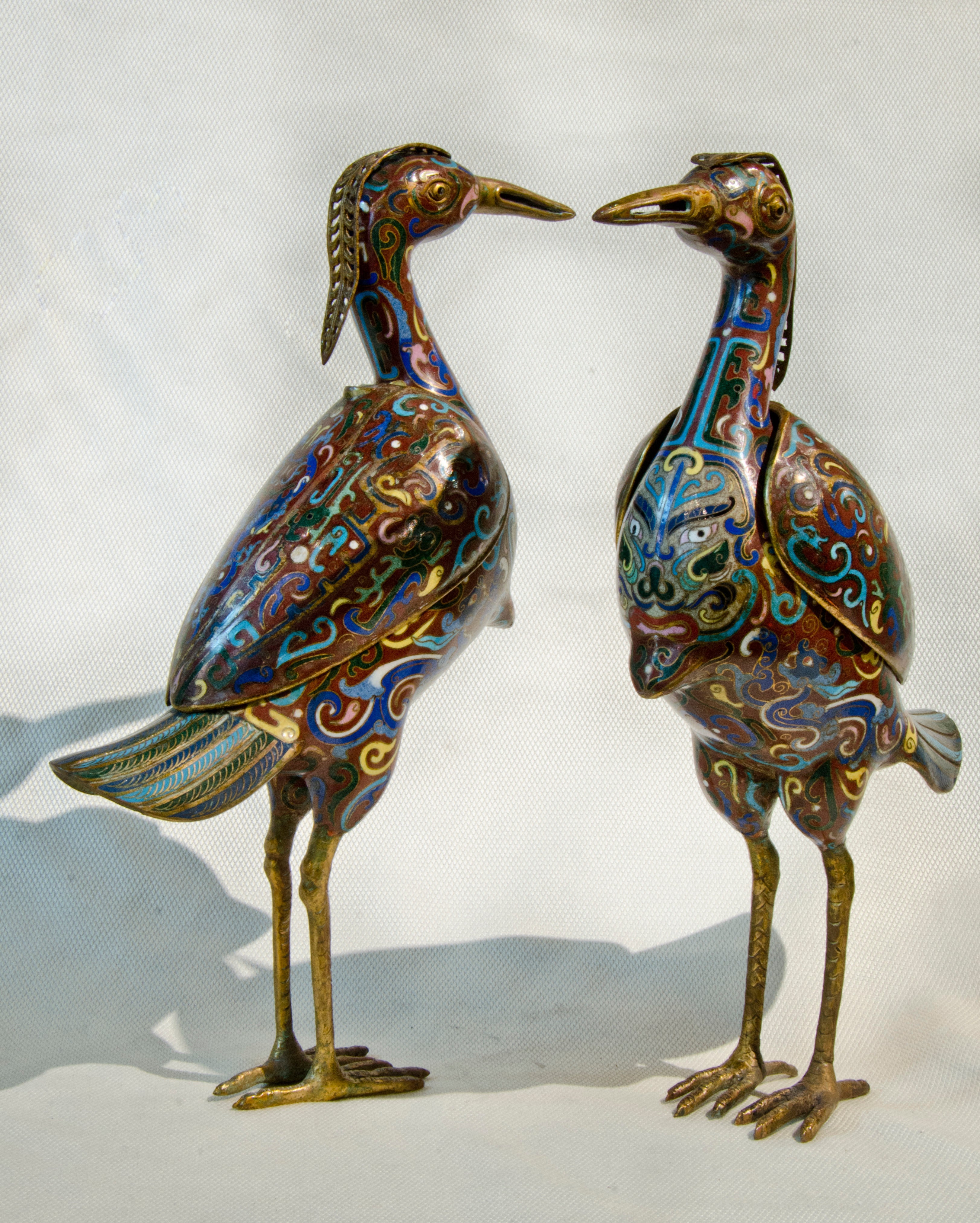 Pair Chinese Cloisonné Birds