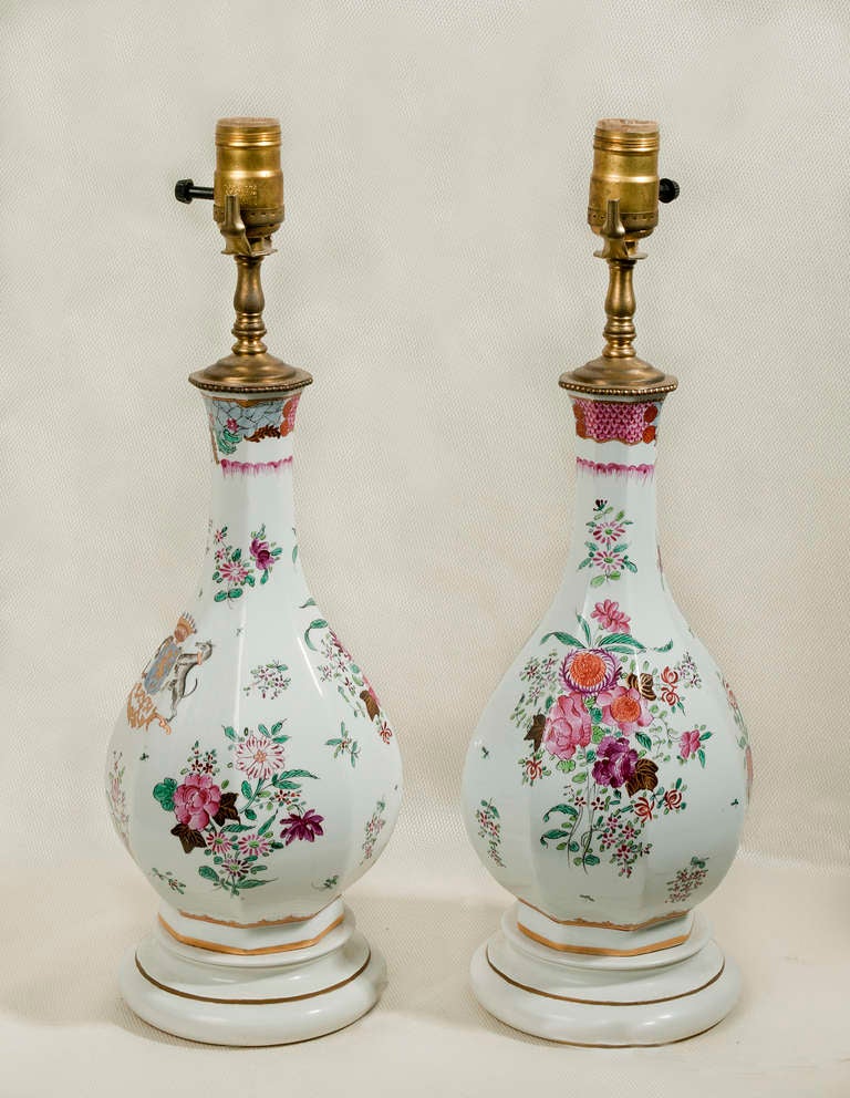 Chinese Export Pair of Armorial Samson Porcelain Lamps