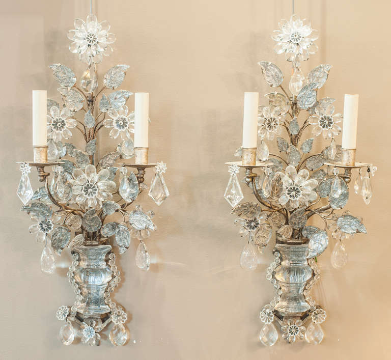 Pair of important and large magnificent vintage two arm sconces from Maison Bagues.  They are cut crystal and rock crystal.
