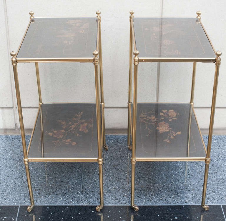 British Pair of Mallett Side Tables with Chinese Lacquer Panels