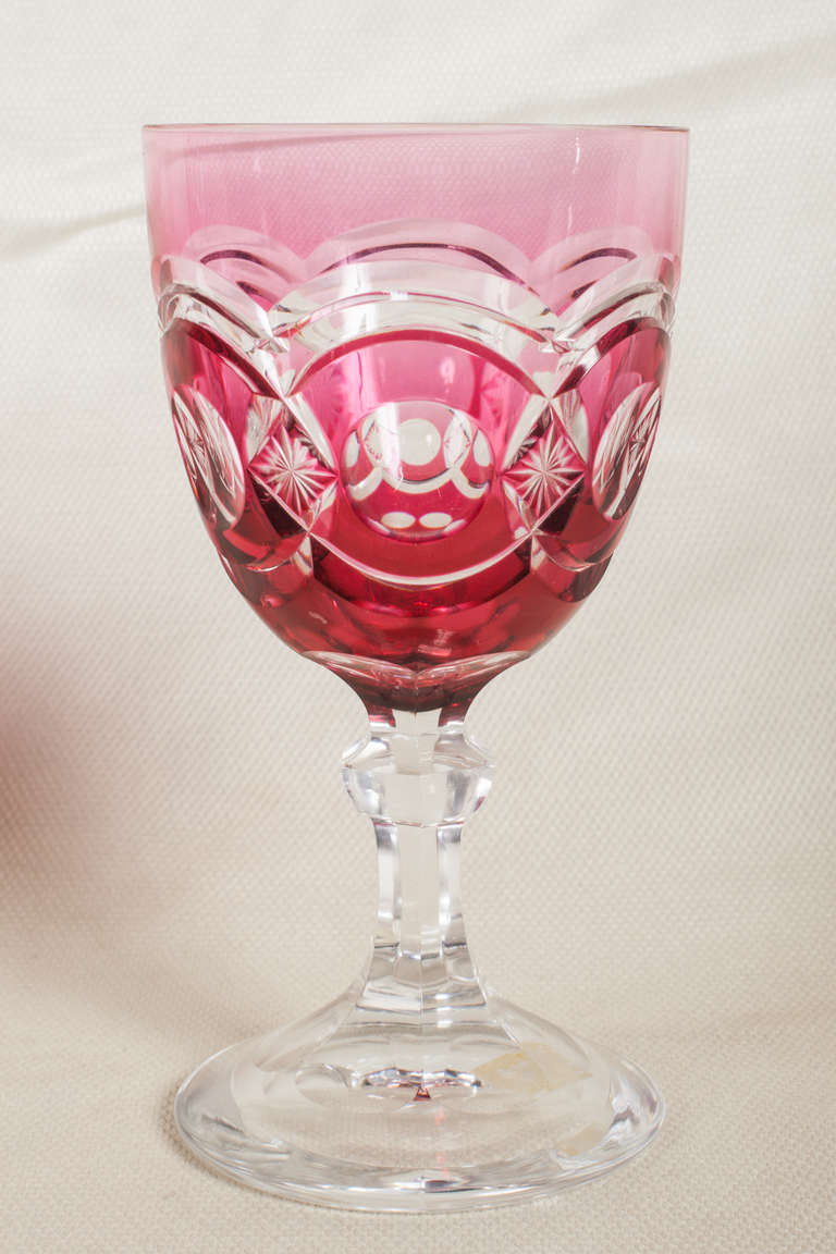 Late Victorian Set of Cranberry Overlay Stemmed Glasses