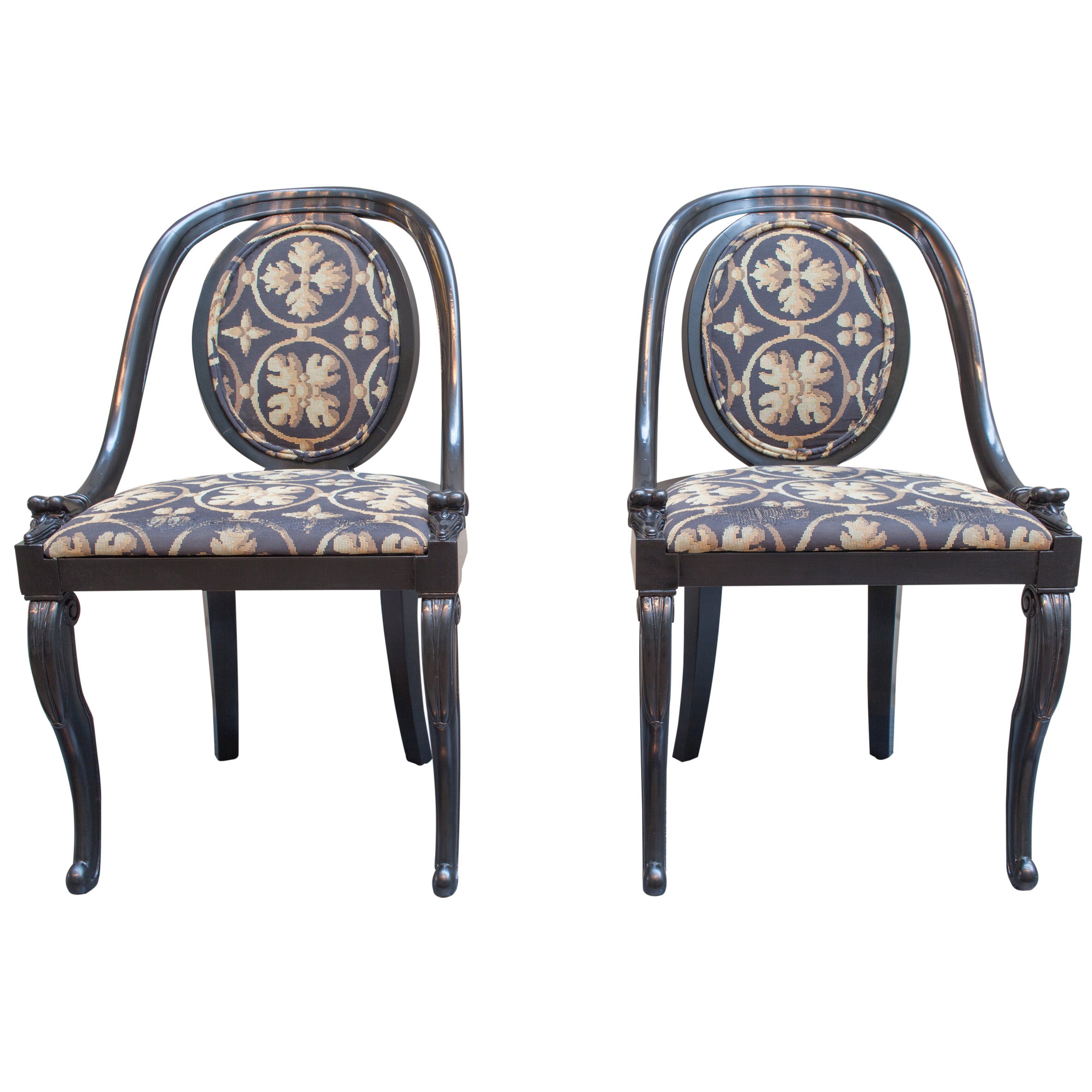 A Pair of Black Lacquer Graceful Form Chairs with Cabriole Legs