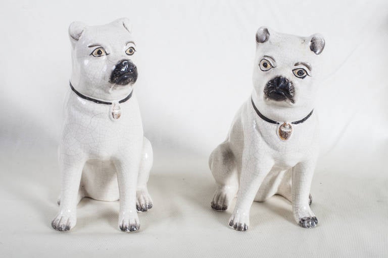 Large pair of nineteenth century English Staffordshire Pug dogs.  They are molded with their front legs free wearing black collars with hanging gilt locks.  Slight crazing to the glaze and slight rubbing to the black enamel on the ears.  The side