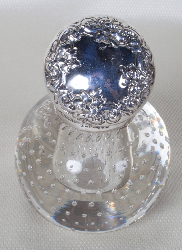 American Classical  Inkwell-Pairpoint Glass and Sterling with Controlled Bubble Pattern  For Sale