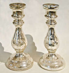 Antique Pair of Tall Mercury Glass Candlesticks