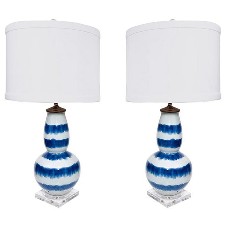 Pair of Blue and White Striped Lamps