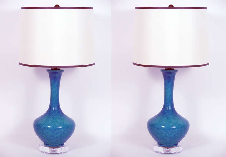 Pair of Peacock Blue Crackle Lamps