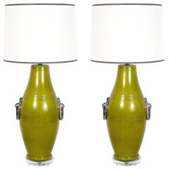Pair of Chartreuse Ceramic "Knocker" Lamps