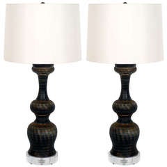 Pair of Charcoal and Matte Gold Strie Lamps