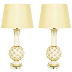 Retro Pair of Gold & White "Lattice" Lamps