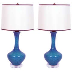 Retro Pair of Peacock Blue Crackle Lamps