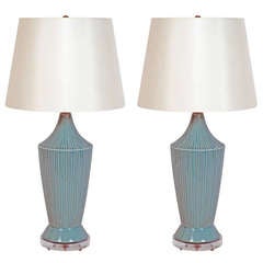 Pair of Sky Blue Ceramic Ribbed Lamps