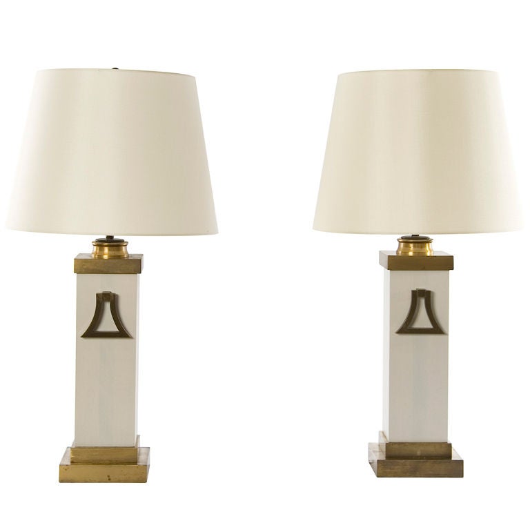 Pair of Brass Detail Column Lamps For Sale