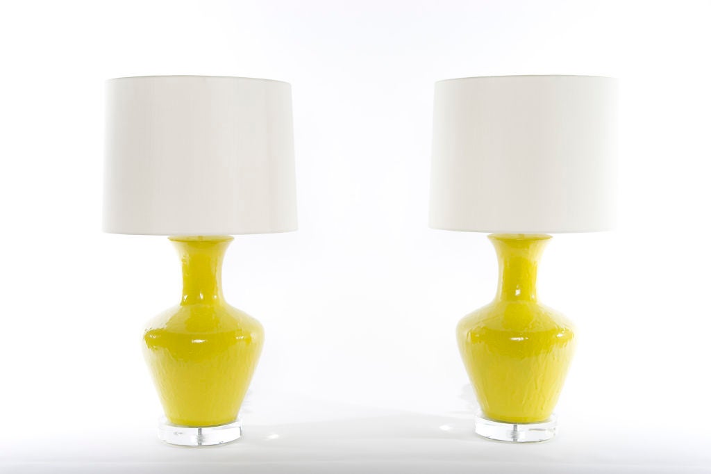 + SOLD AS PAIR / $2,600 PAIR<br />
+ Classic Chinese Han profile with a twist<br />
+ Ceramic vessel newly lacquered in high gloss chartreuse acrylic paint<br />
+ Original drip surface shows through new fininsh<br />
+ Great pop of color<br