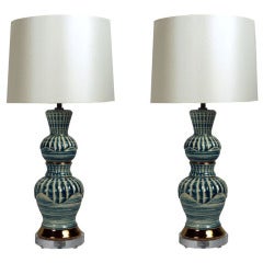 Retro Pair of Blue & Gold Strie Lamps