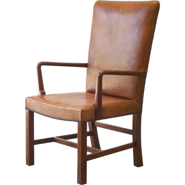 Danish High Back Leather Arm Chair For Sale