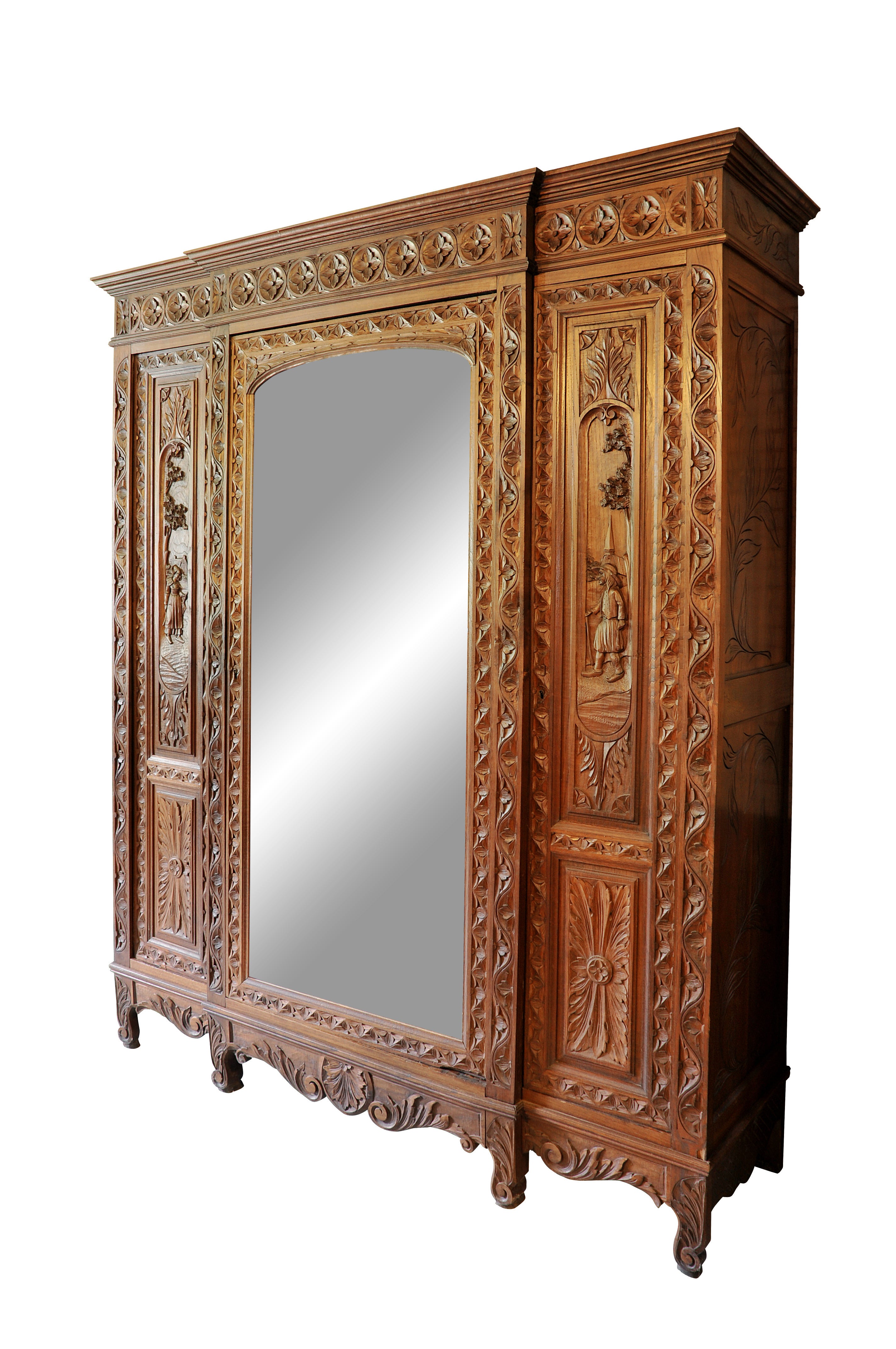 Carved Chestnut, Three-Door Armoire For Sale