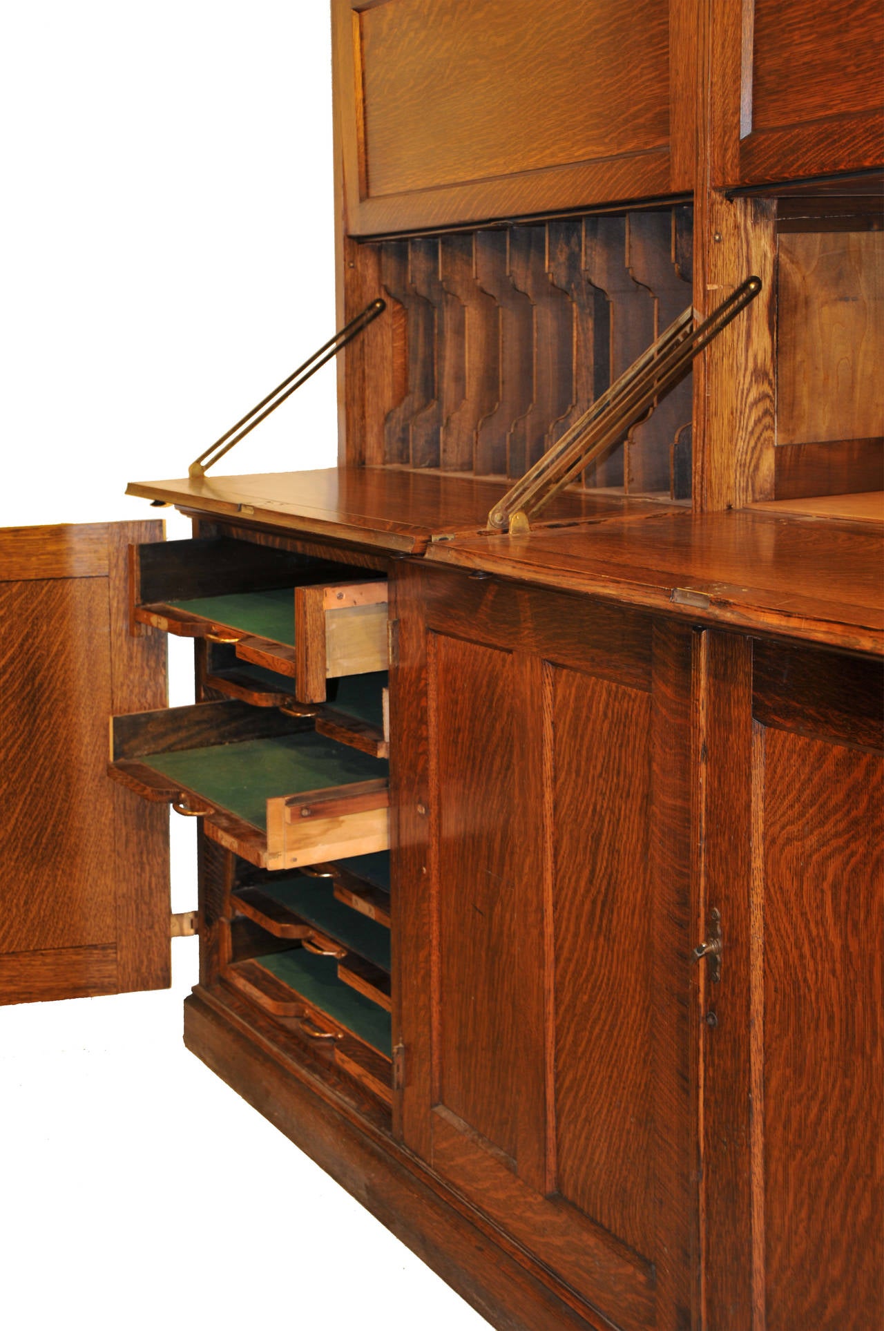 With fitted interior wish shelves, drawers and files with pull out desk.