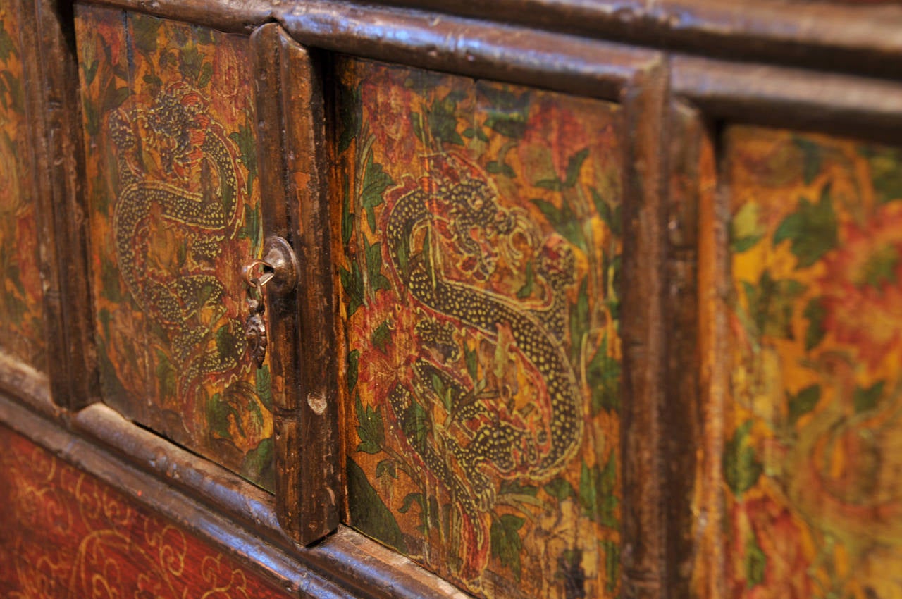 Tibetan Two-Door, Hand-Painted Cabinet In Good Condition In Georges Mills, NH