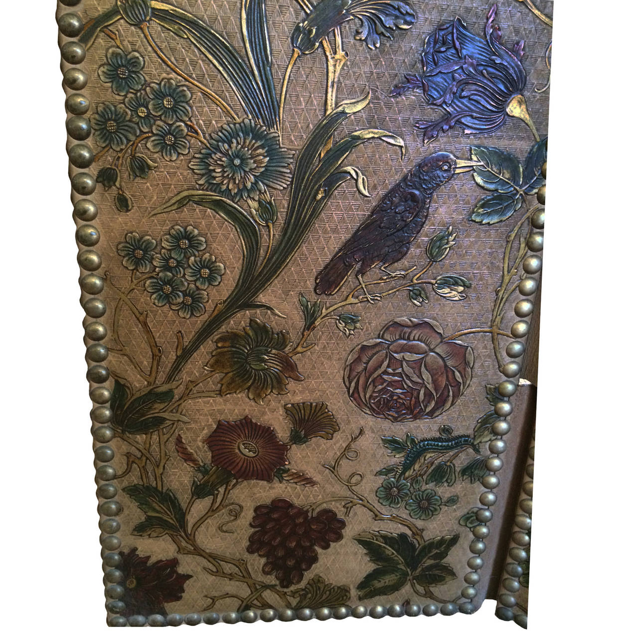 Spanish Tooled Leather Screen In Excellent Condition In Montecito, CA