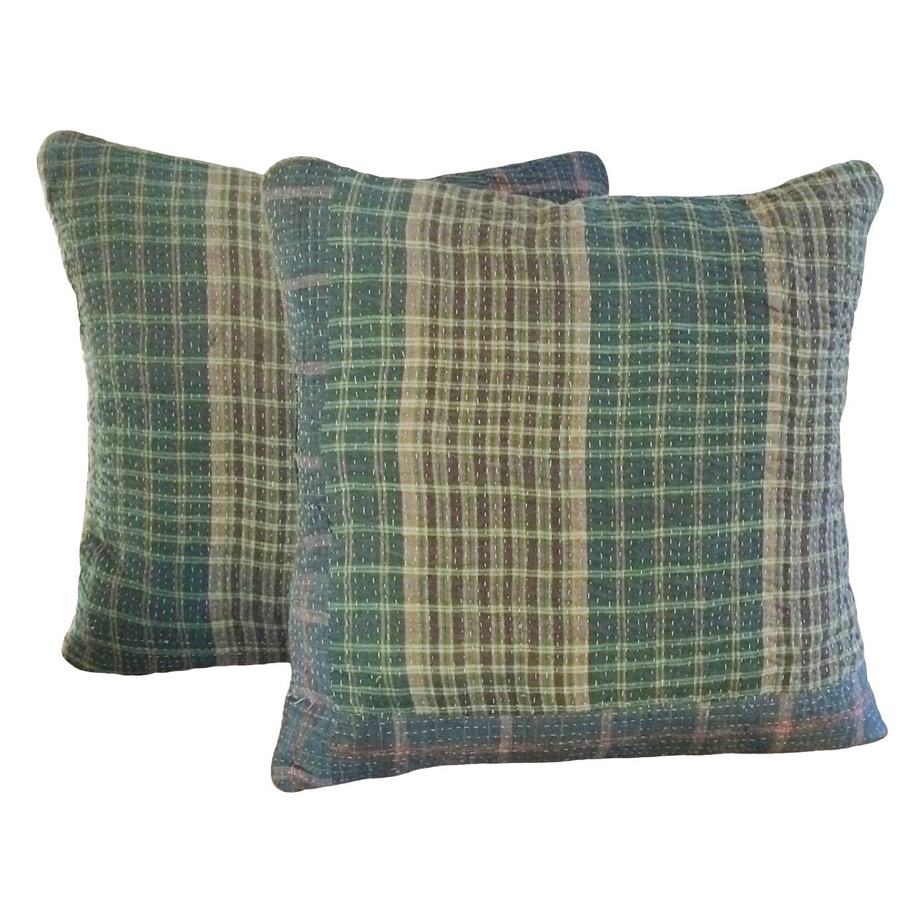 Pair of vintage hand-stitched Kantha custom down pillows; blue-green check pattern on both sides; India; 19th century.