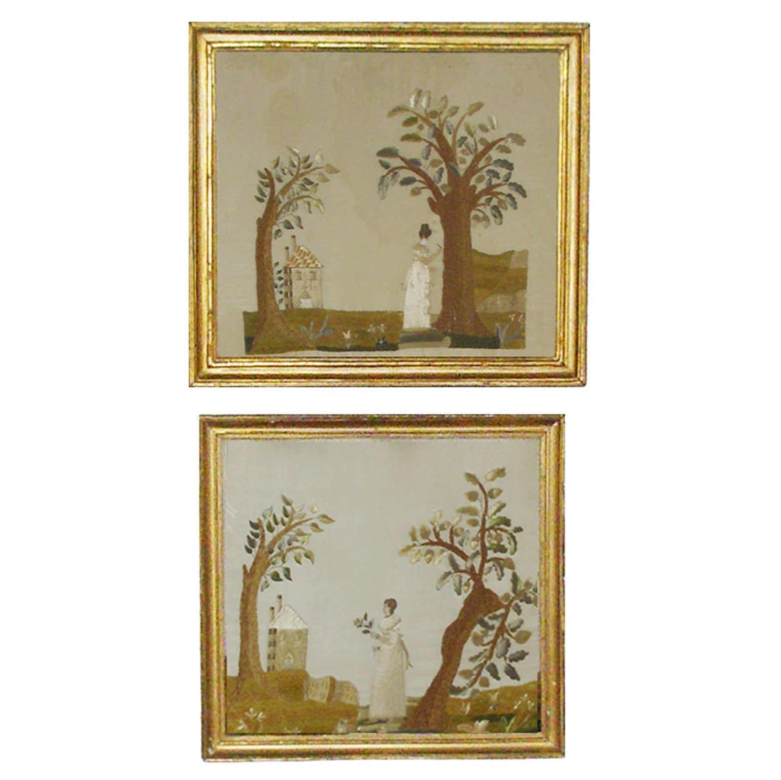 Pair of 19th Century French Framed Needlepoint on Silk