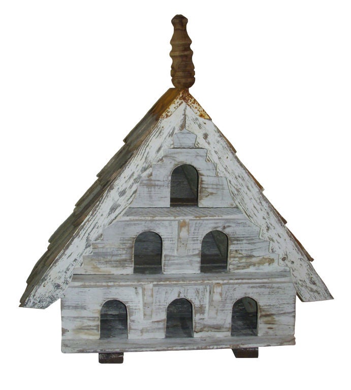 A pair of painted Dovecotes with shingle roofs and decorative wood finials; Northern England; Mid-Century.  Priced individually.
