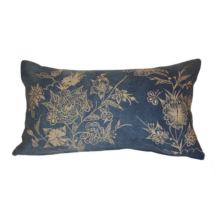 Pair of custom Chinese muted Indigo Floral down pillows; ivory hemp backing.  19th Century.