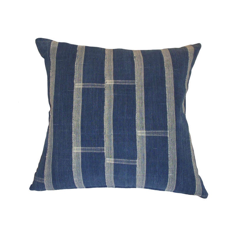 Pair African Indigo Striped Hemp Pillows; 19th Century.