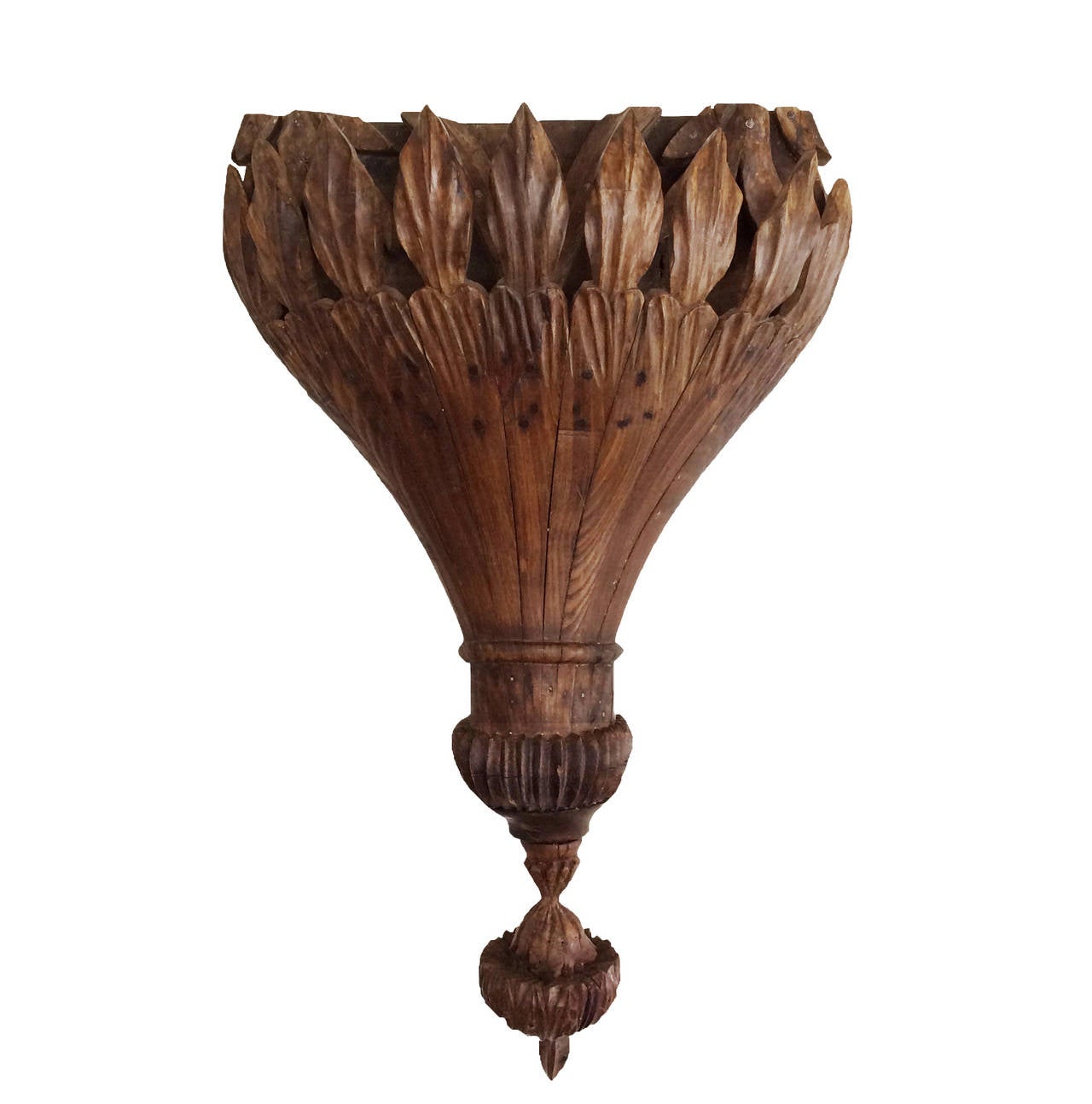 18th century intricately carved French oak canopy bracket with finial. A nice piece of sculpture.