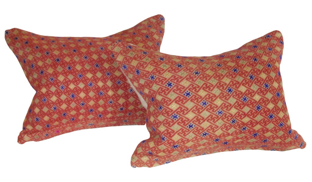 19th Century Pair of Chinese Red Brocade Pillows